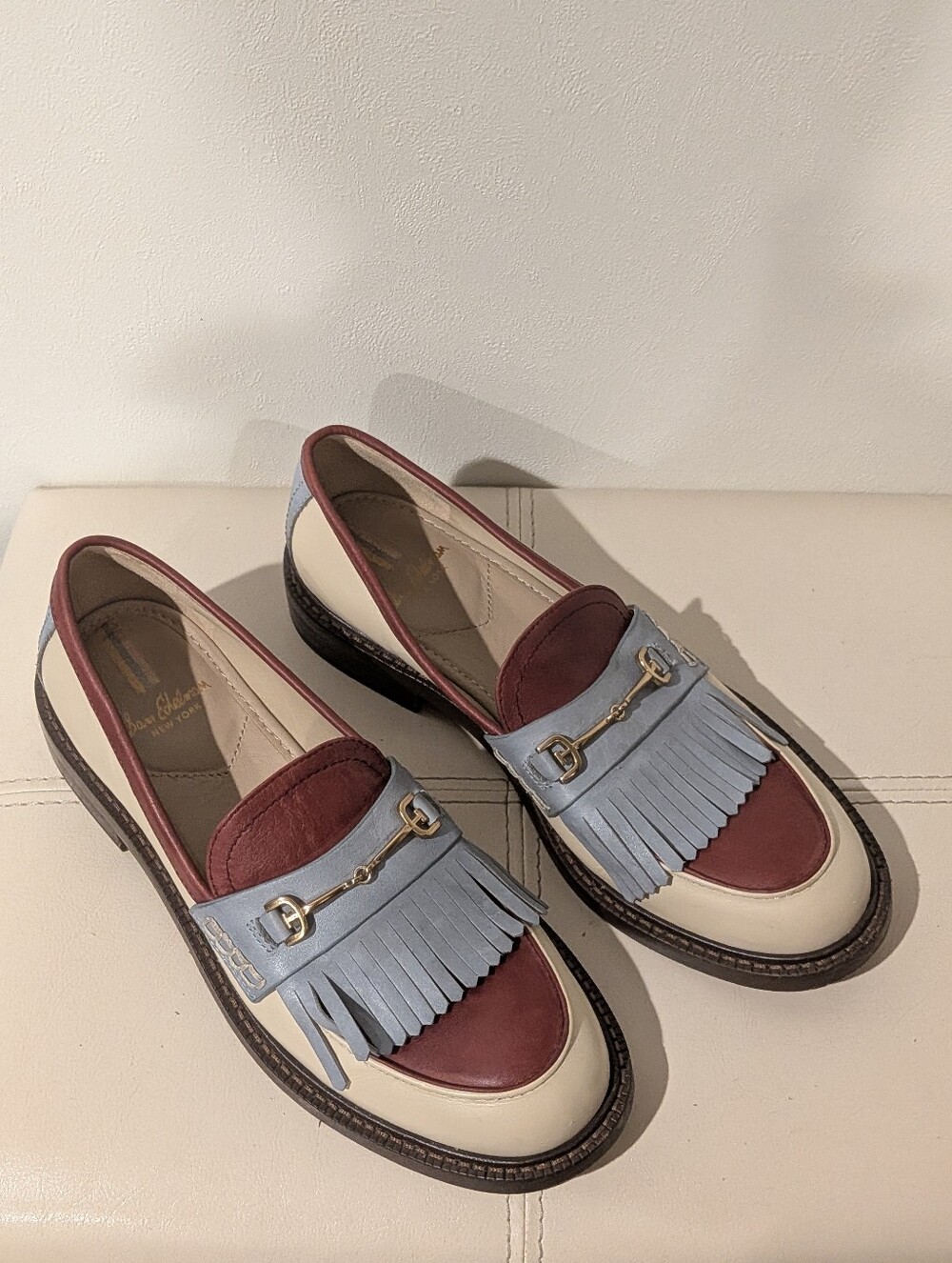 Sam Edelman Two-Tone Tassel Loafers in Burgundy, Light Blue & Cream Sz 7M